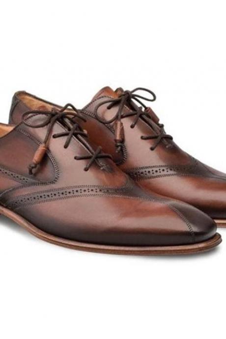 New Pure Handmade Brown Shaded Leather Lace Up Shoes For Men's