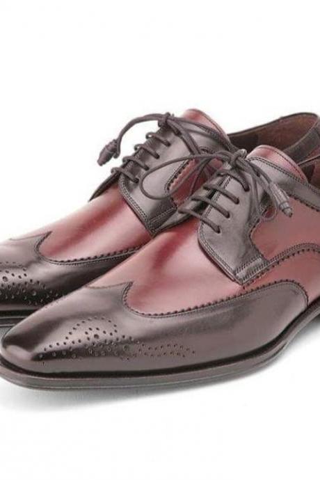 New Pure Handmade Dark Brown & Burgundy Leather Lace Up Brogue Shoes For Men's