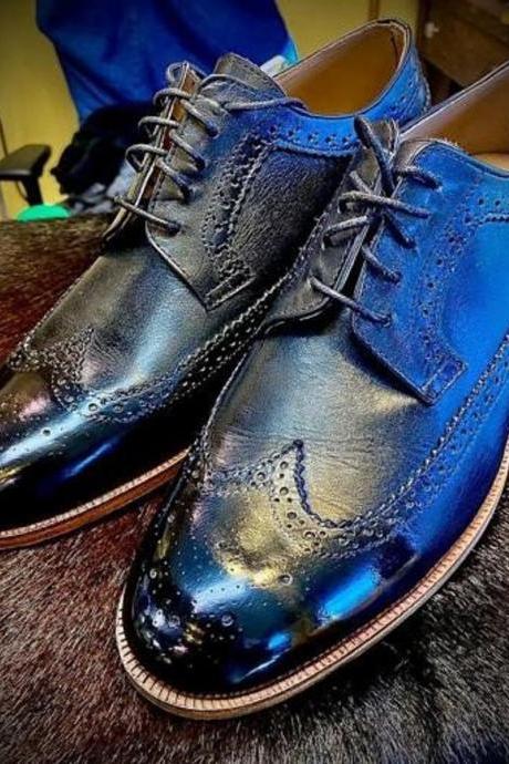 New Pure Handmade Black Leather Lace Up Brogue Shoes For Men's