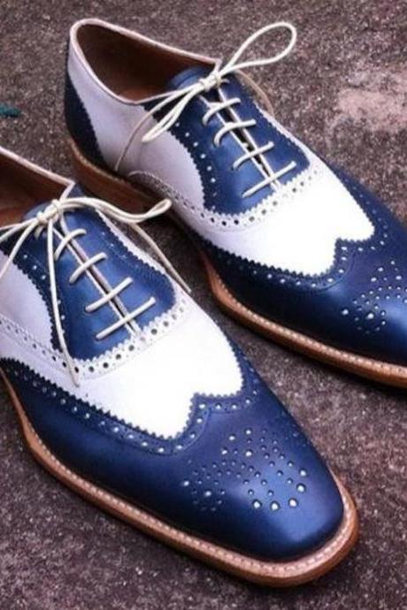 New Pure Handmade Navy Blue & White Leather Lace Up Brogue Shoes For Men's