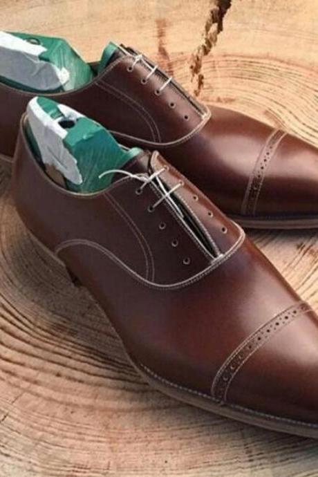 New Pure Handmade Chocolate Brown Leather Lace Up Shoes For Men's