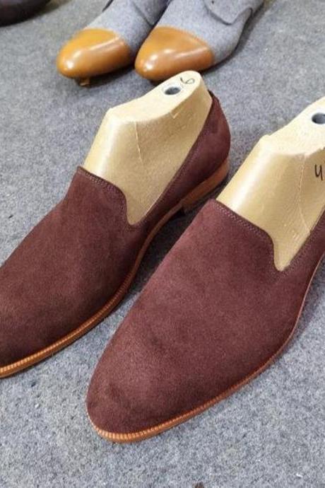 New Handmade Maroon Suede Leather Stylish Loafer Shoes for Men's