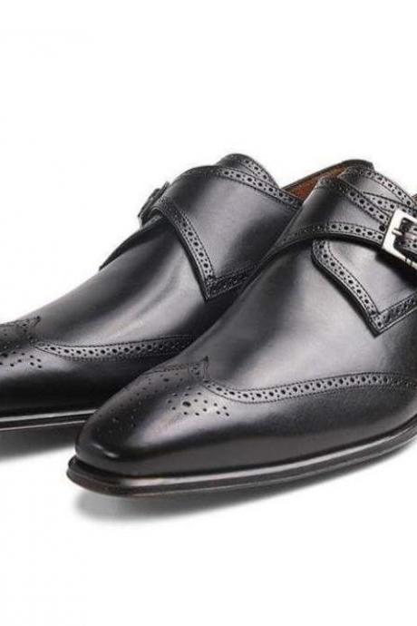 New Pure Handmade Black Leather Monk Strap Shoes for Men's