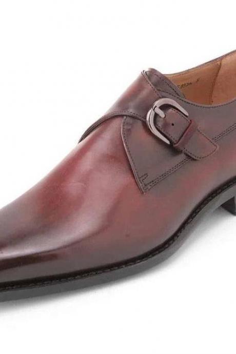 New Pure Handmade Burgundy Leather Monk Strap Shoes for Men's