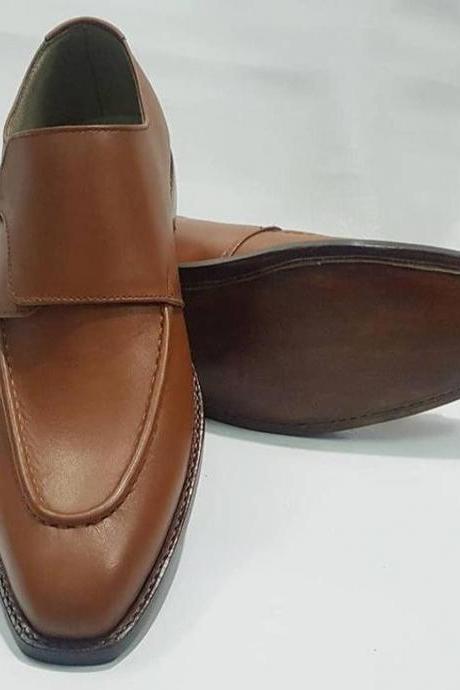 New Pure Handmade Brown Leather Monk Strap Shoes for Men's
