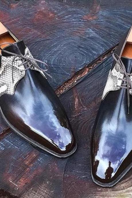 New Handmade Snake & Black Calf Leather Stylish Shoes for Men's