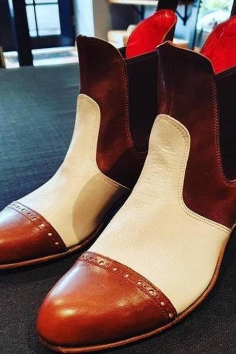 New Handmade Tan, White & Brown Genuine Leather Chelsea Boots For Men's