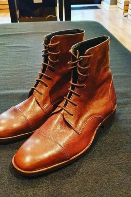 New Handmade Tan Leather Lace Up Ankle Boots for Men's