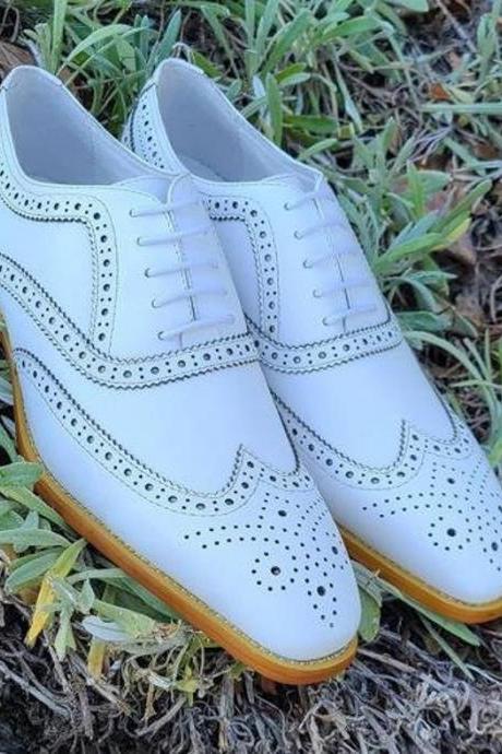 New Pure Handmade White Leather Brogue Dress Shoes For Men's