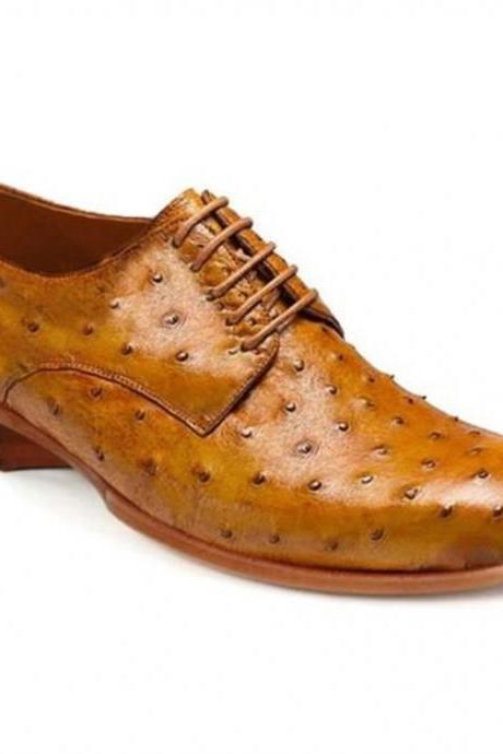 New Pure Handmade Tan Ostrich Leather Stylish Lace Up Dress Shoes For Men's