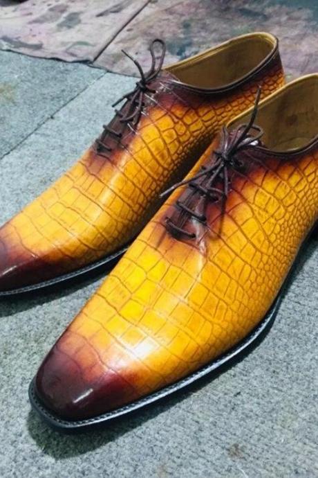 New Pure Handmade Yellow Crocodile Leather Stylish Lace Up Shoes For Men's