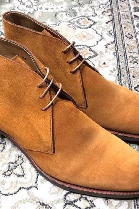 New Pure Handmade Camel Suede Leather Lace up Chukka Boots for Men's
