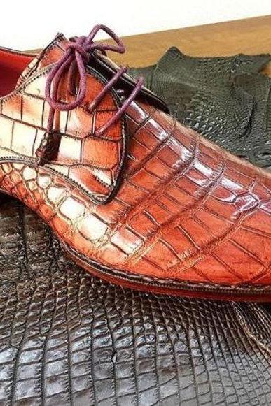 New Handmade Pure Brown Crocodile Leather Stylish Lace Up Shoes for Men's