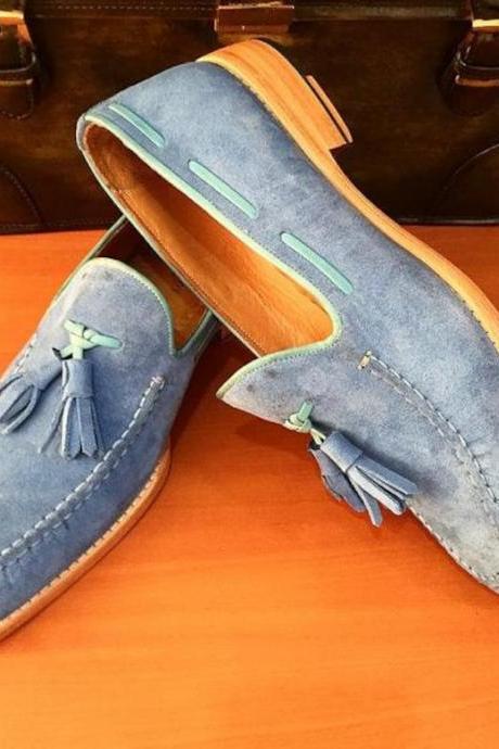 New Handmade Pure Sky Blue Suede Leather Stylish Tassel Loafer Shoes for Men's