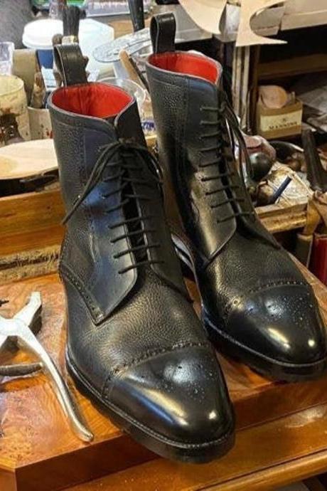 New Handmade Black Leather Lace Up Ankle Boots for Men's