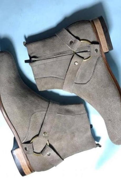 New Handmade Pure Gray Suede Leather Zipper Cowboy Style Boots for Men's