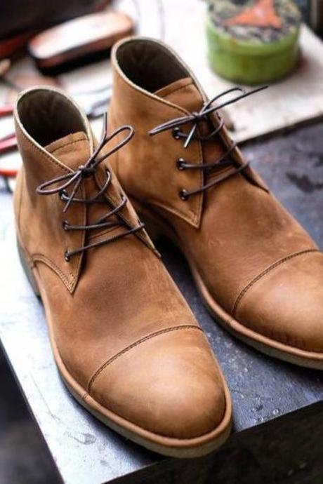New Handmade Tan Leather Lace Up Chukka Boots for Men's
