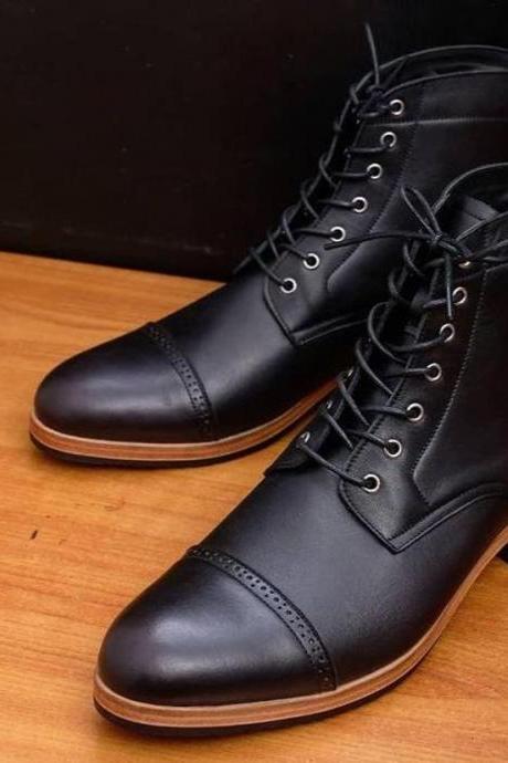 New Handmade Pure Black Leather Ankle Boots for Men's