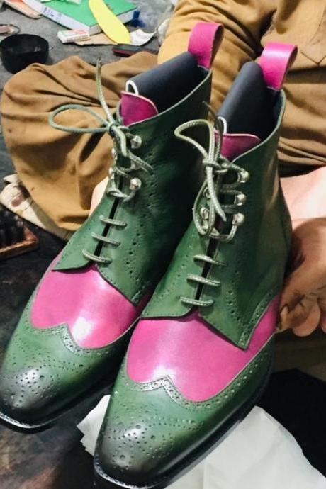 New Handmade Pure Pink & Green Leather Ankle Boots for Men's
