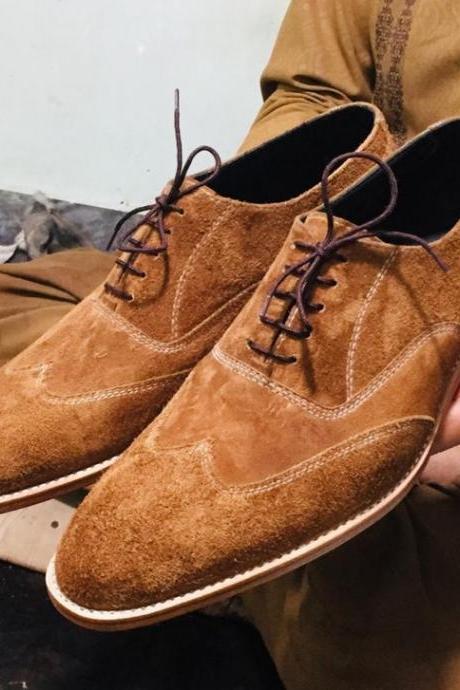 New Handmade Pure Camel Suede Stylish Lace Up Shoes for Men's