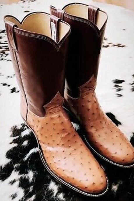 Handmade Pure Brown Leather &amp;amp; Ostrich Tan Cowboy Boots For Men&amp;#039;s
