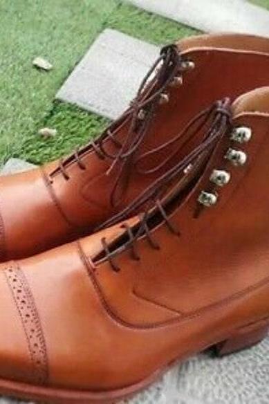 New Handmade Pure Tan Leather Ankle Boots for Men's