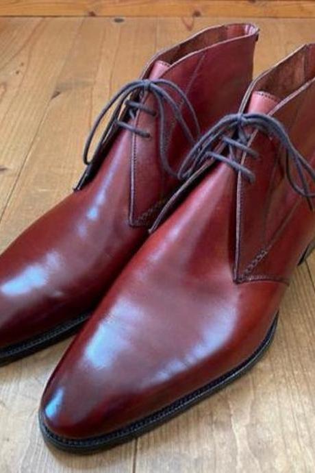 New Pure Handmade Maroon Leather Lace up Chukka Boots for Men's