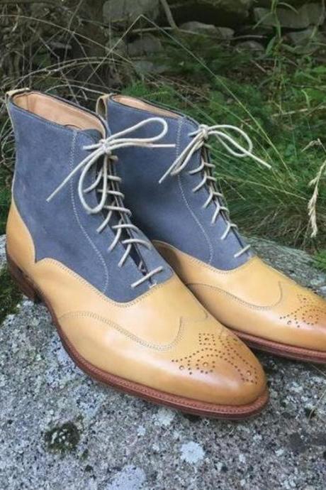 New Pure Handmade Gray Suede & Tan Leather Lace up Ankle Boots for Men's