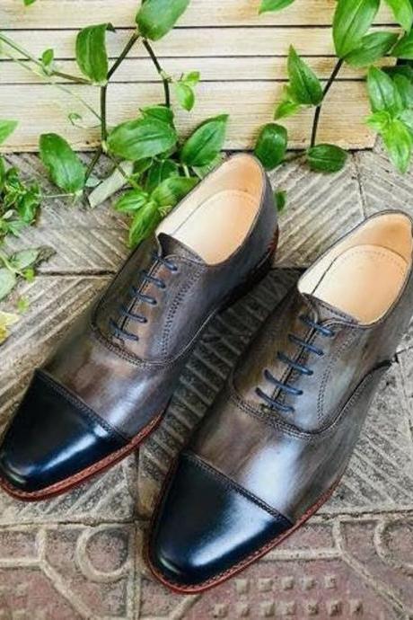 New Pure Handmade Dark Blue & Dark Brown Shaded Leather Lace Up Oxford Shoes For Men's