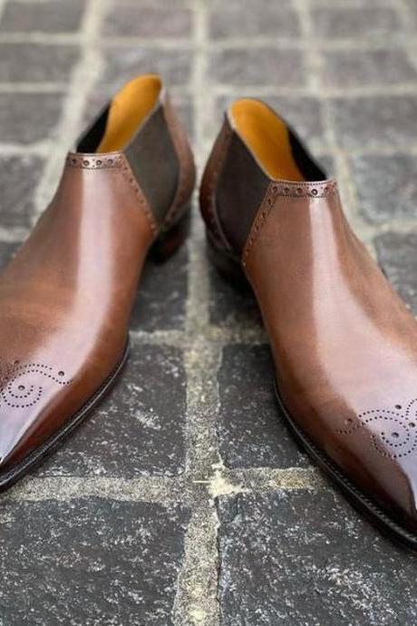 Pure Handmade Chocolate Brown Shaded Leather Stylish Chelsea Shoes For Men&amp;#039;s