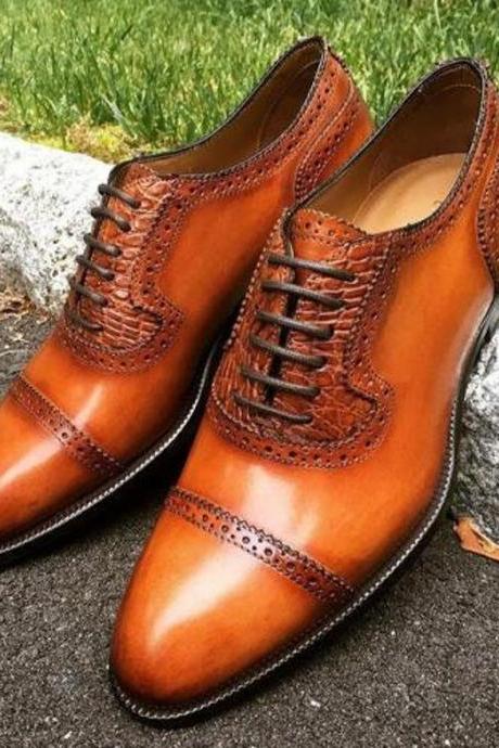 New Pure Handmade Tan Shaded Leather Stylish Lace Up Brogue Shoes For Men's