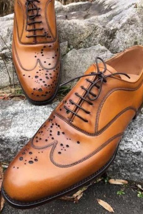 New Pure Handmade Tan Leather Brown Shaded Stylish Lace Up Brogue Shoes For Men's