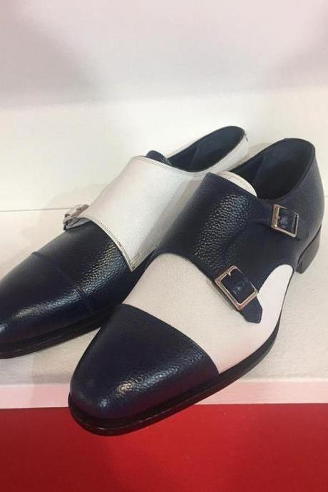 New Pure Handmade Black & white Leather Stylish Monk Strap Shoes For Men's