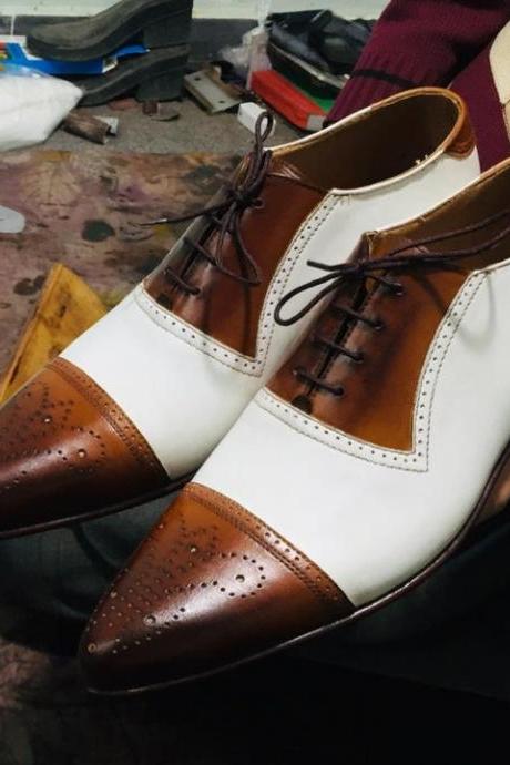 New Pure Handmade Brown & white Leather Stylish Lace Up Dress Shoes For Men's