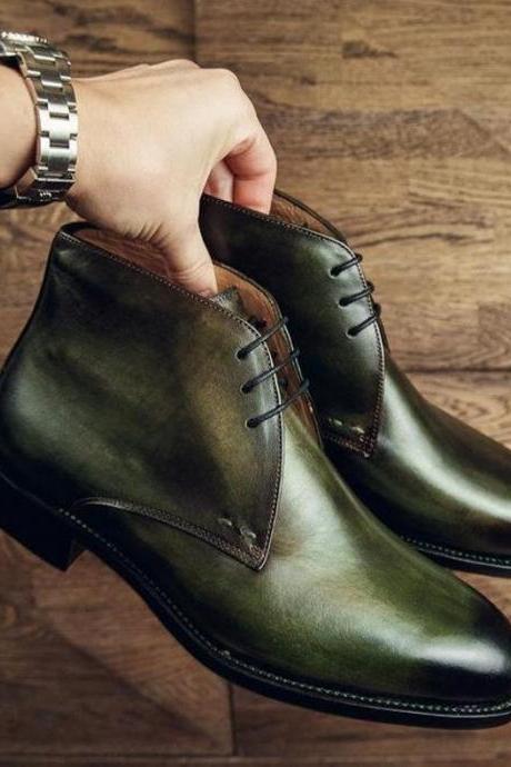 New Pure Handmade Greenish Leather Lace up Chukka Boots for Men's