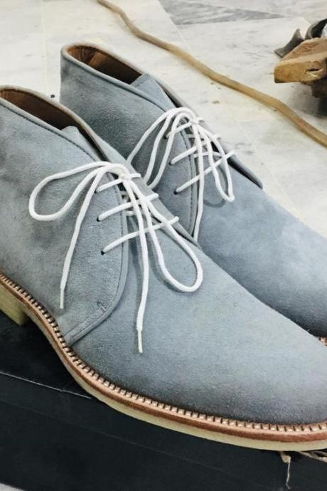 New Pure Handmade Gray Suede Leather Lace up Chukka Boots for Men's