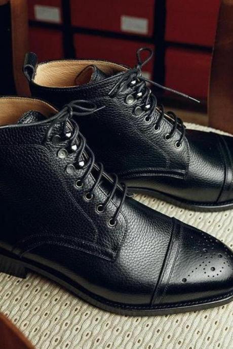 New Pure Handmade Black Leather Lace up Ankle Boots for Men's