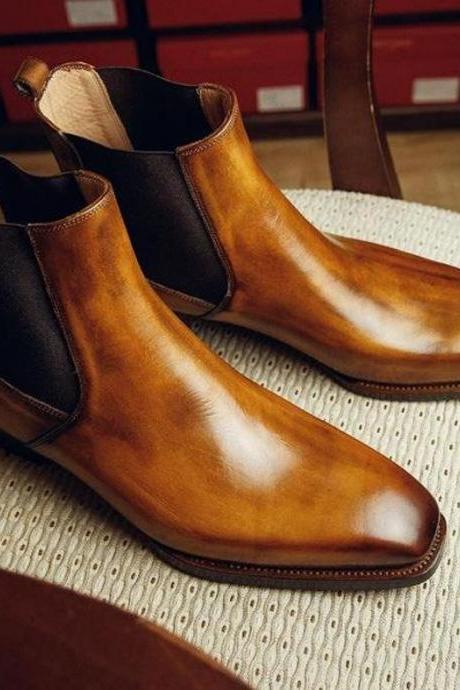 New Pure Handmade Tan Shaded Leather Chelsea Boot For Men's
