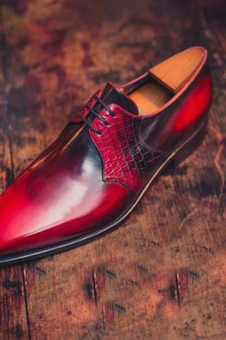 New Pure Handmade Red Shaded Plain & Crocodile Leather Stylish Lace Up Dress Shoes For Men's