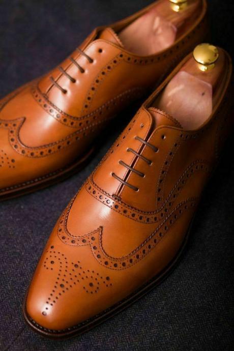 New Pure Handmade Tan Leather Stylish Lace Up Brogue Shoes For Men's