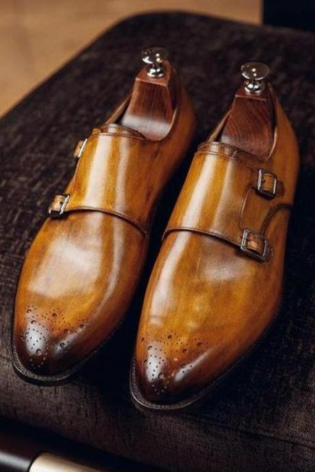 New Pure Handmade Leather Brown Shaded Stylish Monk Strap Shoes For Men's
