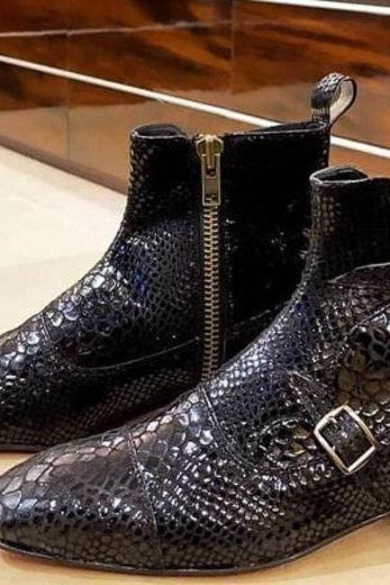 New Handmade Pure Black Snake Leather Zipper Ankle Boots for Men's