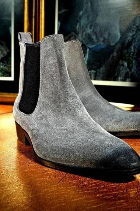 New Handmade Pure Gray Suede Leather Chelsea Boot For Men's