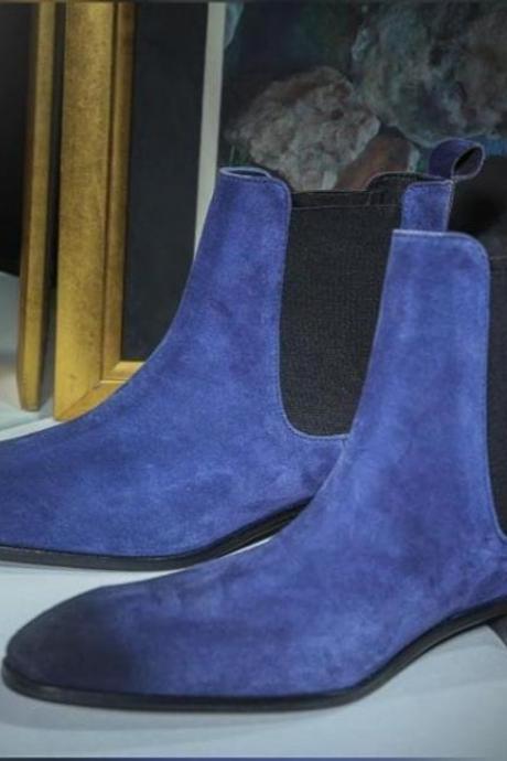 New Handmade Pure Blue Suede Leather Chelsea Boot For Men's