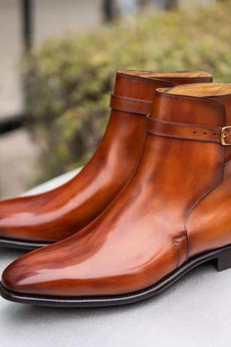 New Pure Handmade Tan & Brown Shaded Leather Ankle Strap Boots for Men's