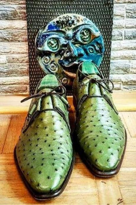 New Pure Handmade Light Green Ostrich Leather Lace Up Stylish Shoes For Men's
