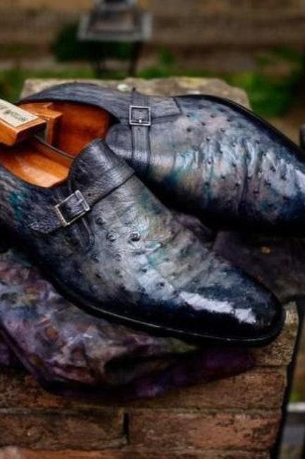 New Pure Handmade Multi shaded Ostrich Leather Monk Strap Stylish Shoes For Men's