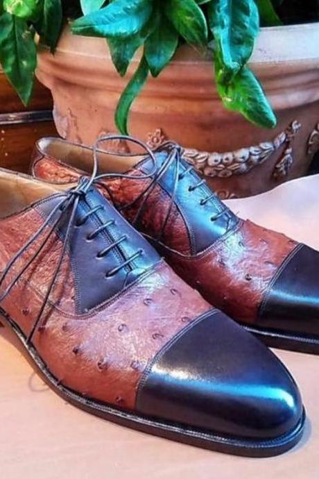 New Pure Handmade Brown Ostrich & Black Leather Lace Up Stylish Shoes For Men's