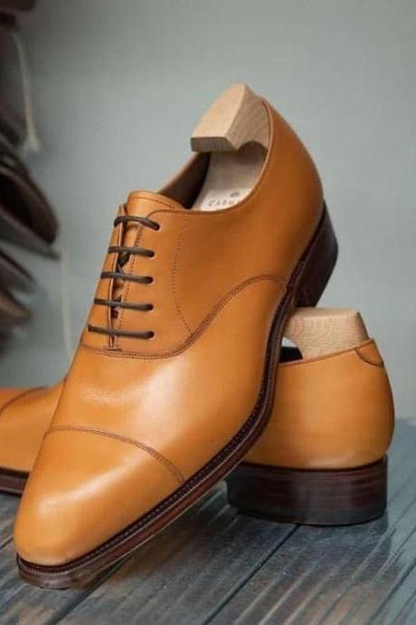 titleNew Pure Handmade Tan Leather Lace Up Dress Shoes For Men's