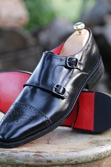 New Pure Handmade Black Leather Double Monk Strap Brogue Shoes For Men's